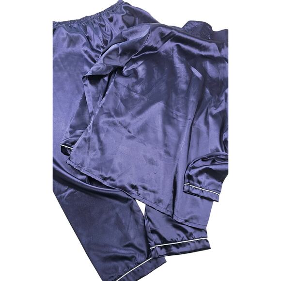 XL lounge sleep set silky navy blue button front elastic waist wode leg NWOT - Picture 2 of 8